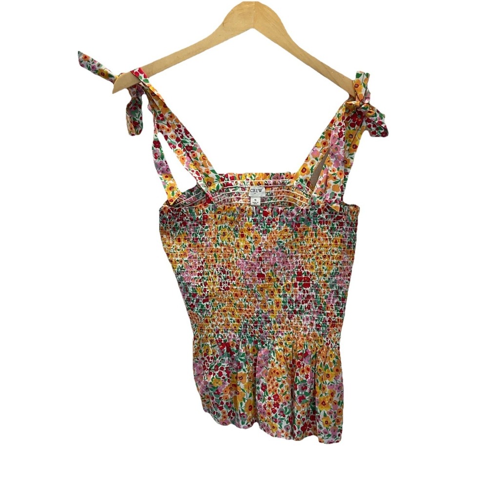J Crew Womens S Floral Smocked Tank Sleeveless Cottage‎ Picnic Shoulder Bows